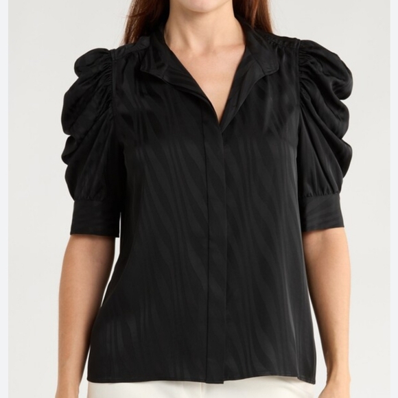 Frame Tops - Frame Gillian Puff Sleeve Top Black Button Down Animal Stripe Pattern Silky SM
